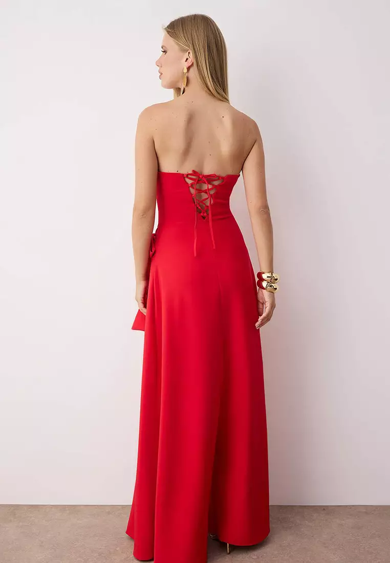 Red Strapless Back Detail Long Stylish Evening Dress