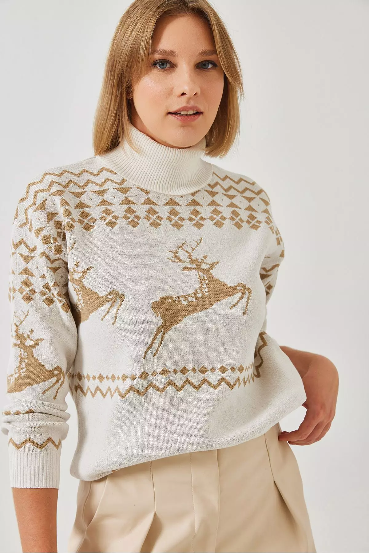 Women's Turtleneck Sweater With Deer Pattern 20246224