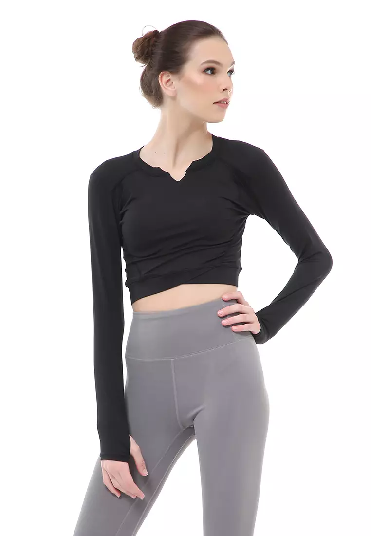 Mikayla Baju Olahraga Wanita Sportywear Crop Lengan Panjang Material Nylon Spandex ORIGINAL - Black