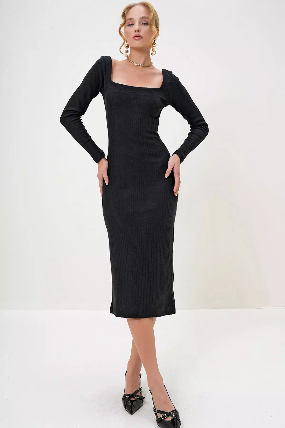 Women's Black Square Neck Long Sleeve Midi Length Interlock Fabric Dress