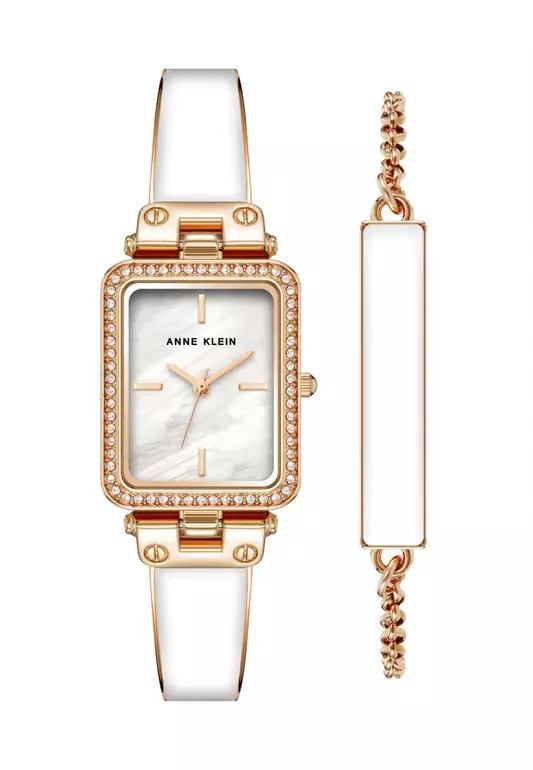 AK3898WTST0000 Rose Gold Rectangle Watch With White Mother Of Pearl Dial And With 1 Chain Bracelet With White Enamel Link in Stainless Steel Band