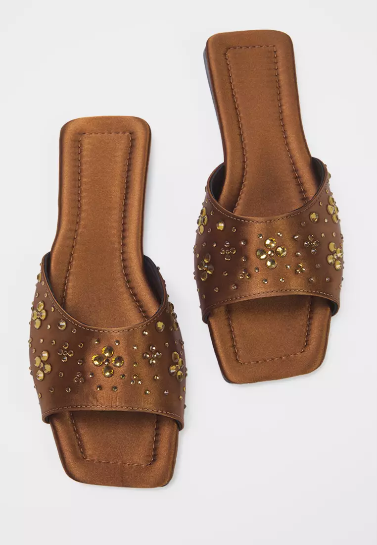 Brown Stone Satin Stylish Women's Slippers Takss25Te00025