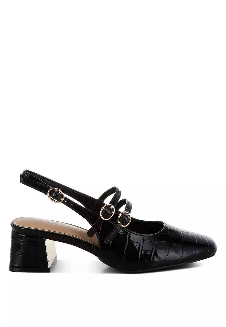 Discount on London Rag  shoes - SKU: Block Heel Croco Slingback Sandals in Black