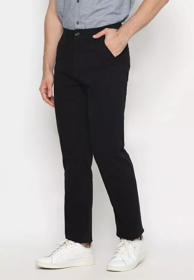 POLICE Celana Chino Panjang Black Cotton Premium Regular Fit Pria