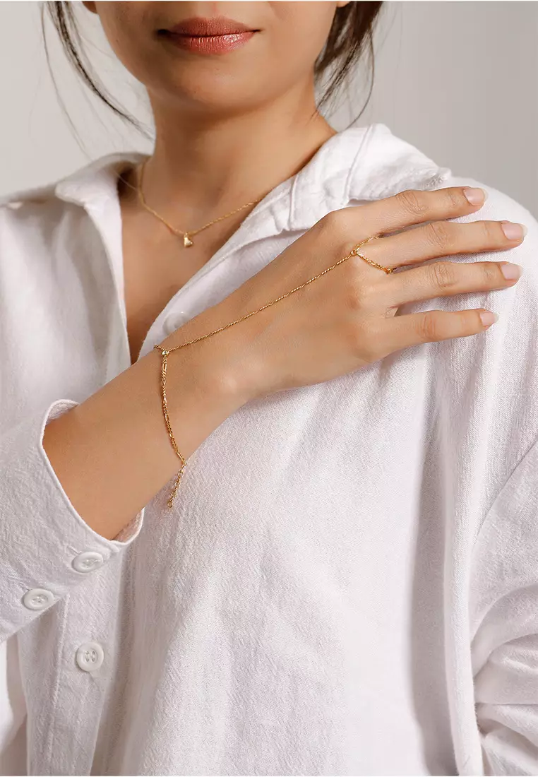 Gelang Perhiasan Perak 925 Wanita Hand Chain Figaro with Crystals Gold Plated