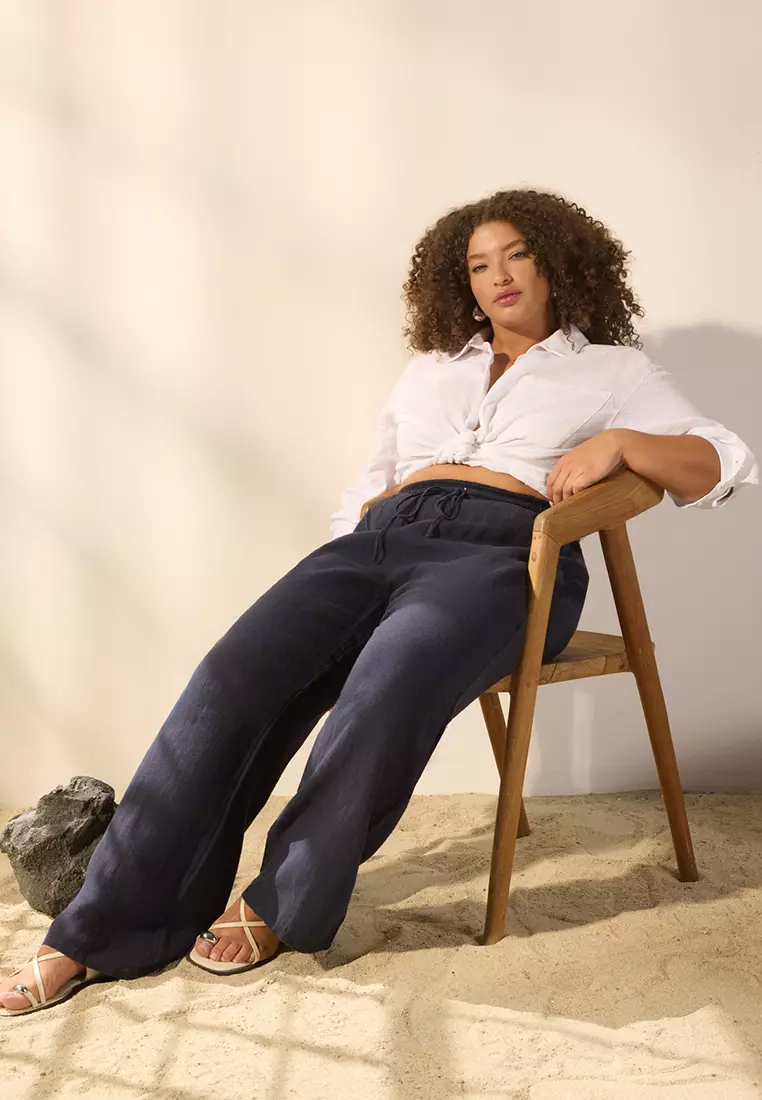 Navy Blue 100% Linen Woven Plus Size Wide Leg Trousers TBBSS25AR00043