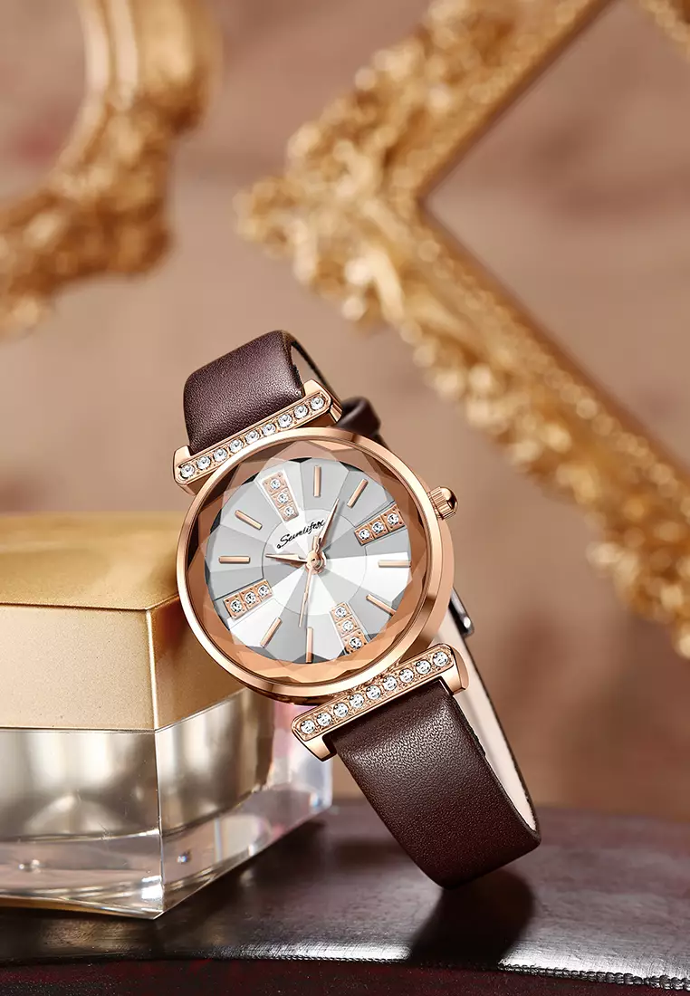 Jam Tangan Wanita Berlian Anggun Gaya Antik Tali Kulit Original Jam Tangan Cewek 8008 brown white