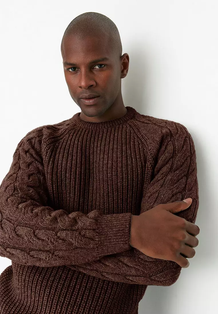 Brown Casual Unisex Regular Fit Crew Neck Wool Knitted Sweater TMNAW22KZ2059