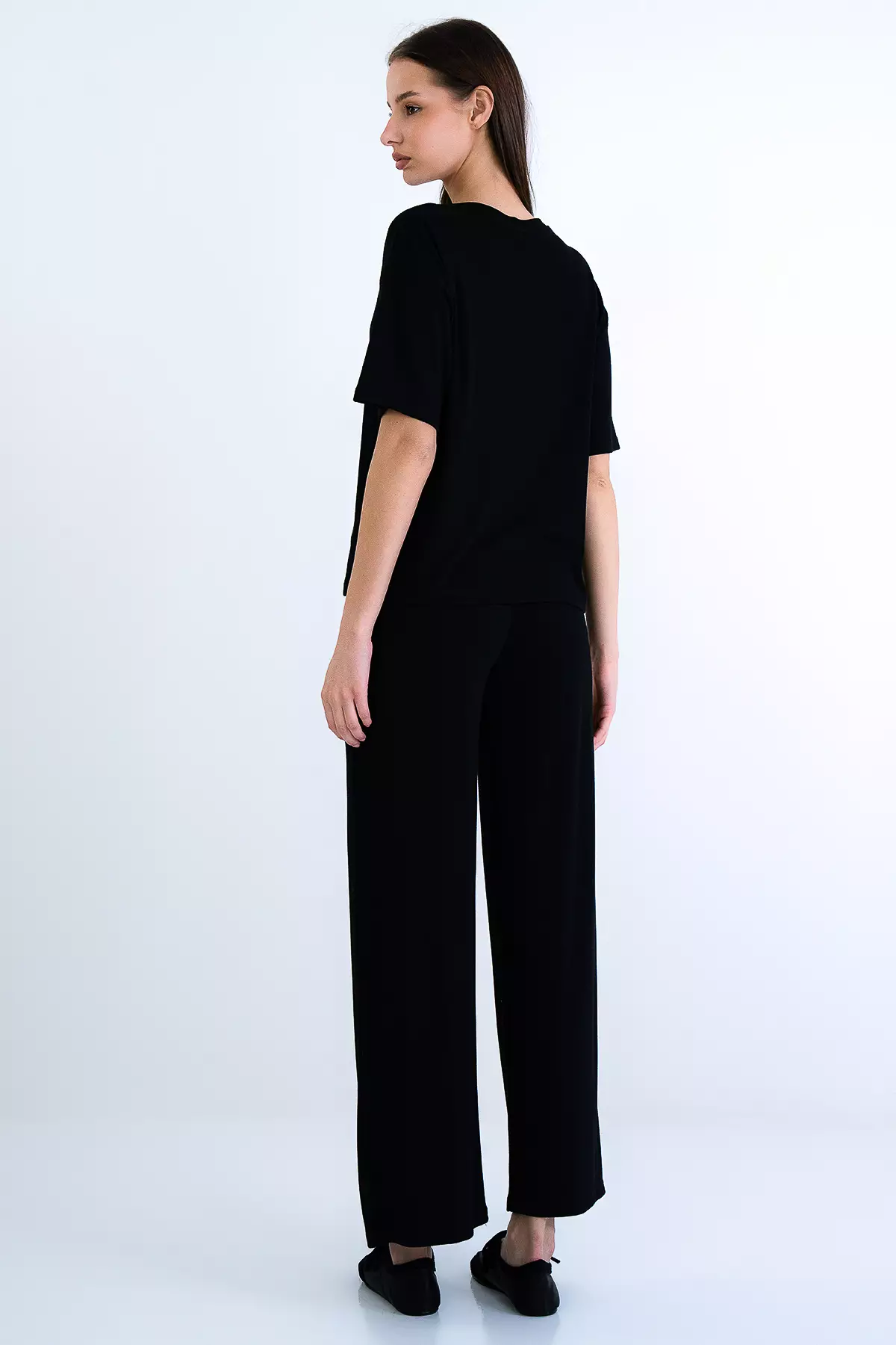 Black Crew Neck Modal Basic Blouse And Double Pocket Trousers Set Alc-X15221