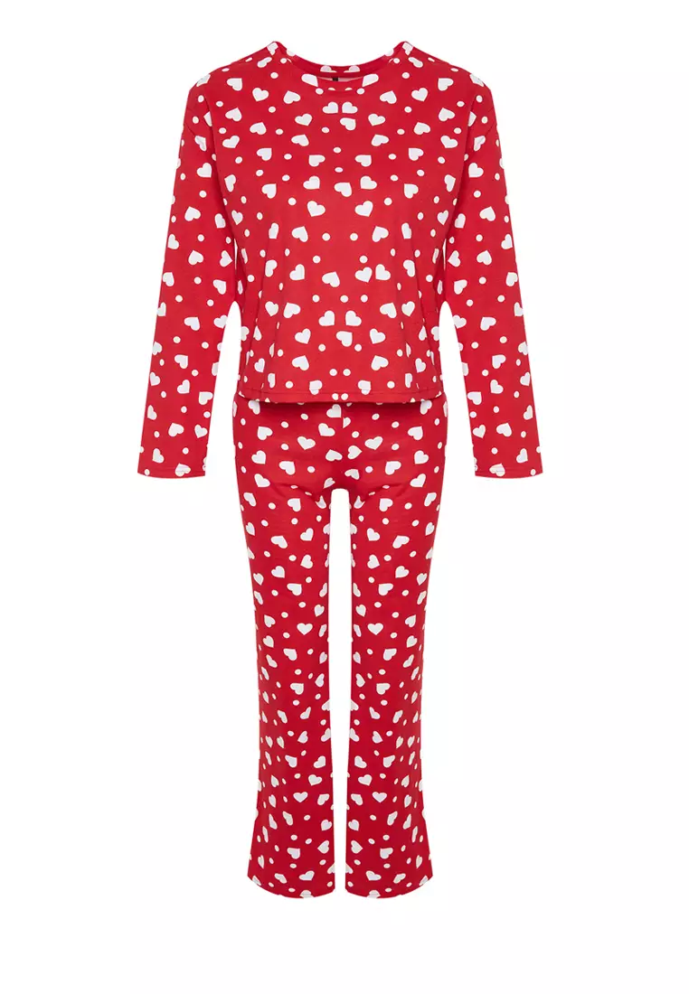 Red 100% Cotton Heart T-shirt-Pants Knitted Pajama Set THMAW24PT00124