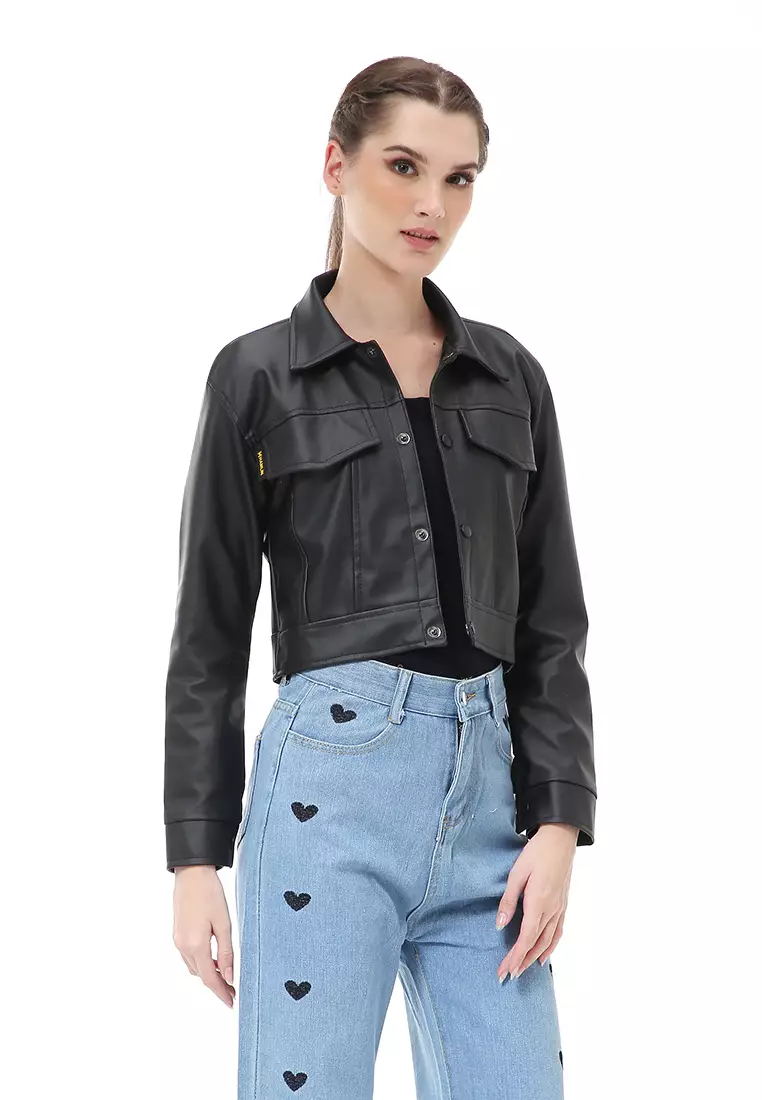 Poppy Outerwear Wanita Jaket Kulit Crop Oversize Big Pocket Material Leather ORIGINAL - Black