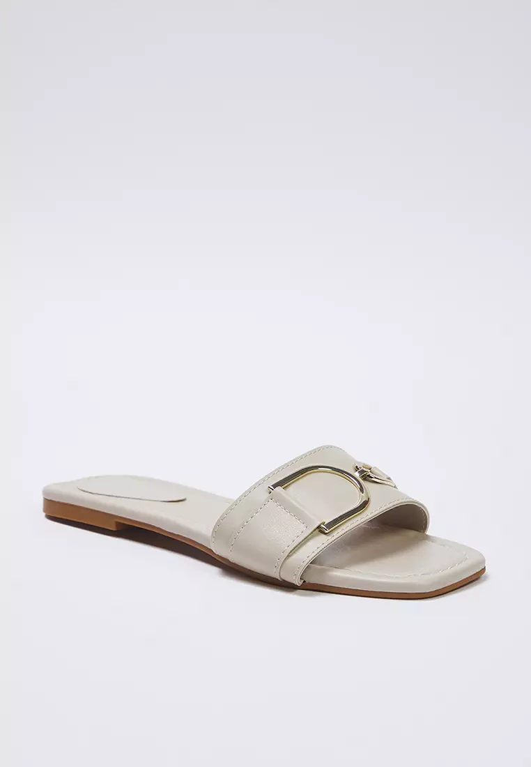 Beige Metal Accessory Detailed Women's Slippers Takss25Te00015
