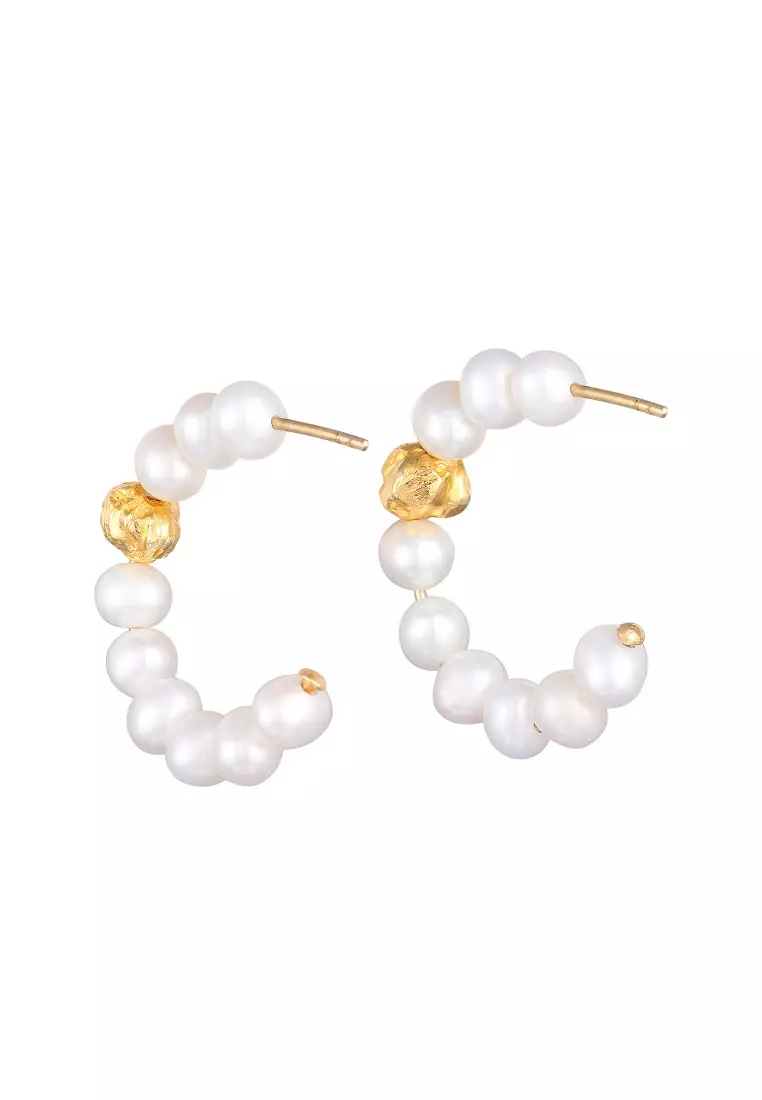 EXCLUSIVE Anting Perhiasan Perak 925 Wanita Hoop Creole Freshwater Pearls Gold Plated