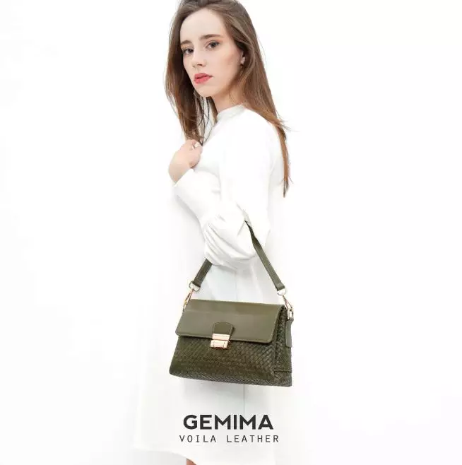 Medium Tote Selempang Anyam Kulit Asli Voila Gemima Green