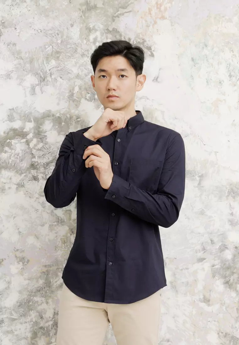 Kemeja tangan panjang Collarless koko cotton oxcon Navy