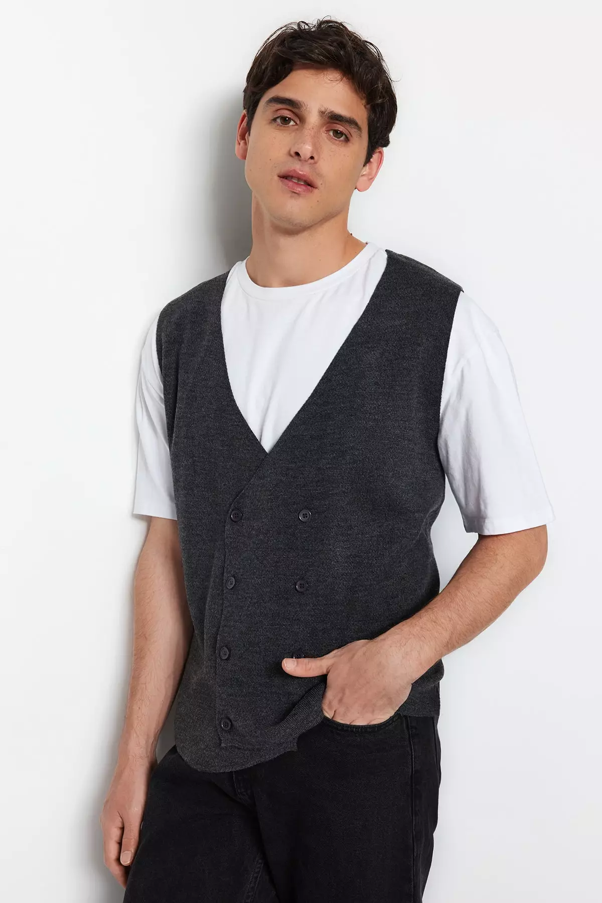 Mens grey double hot sale breasted waistcoat