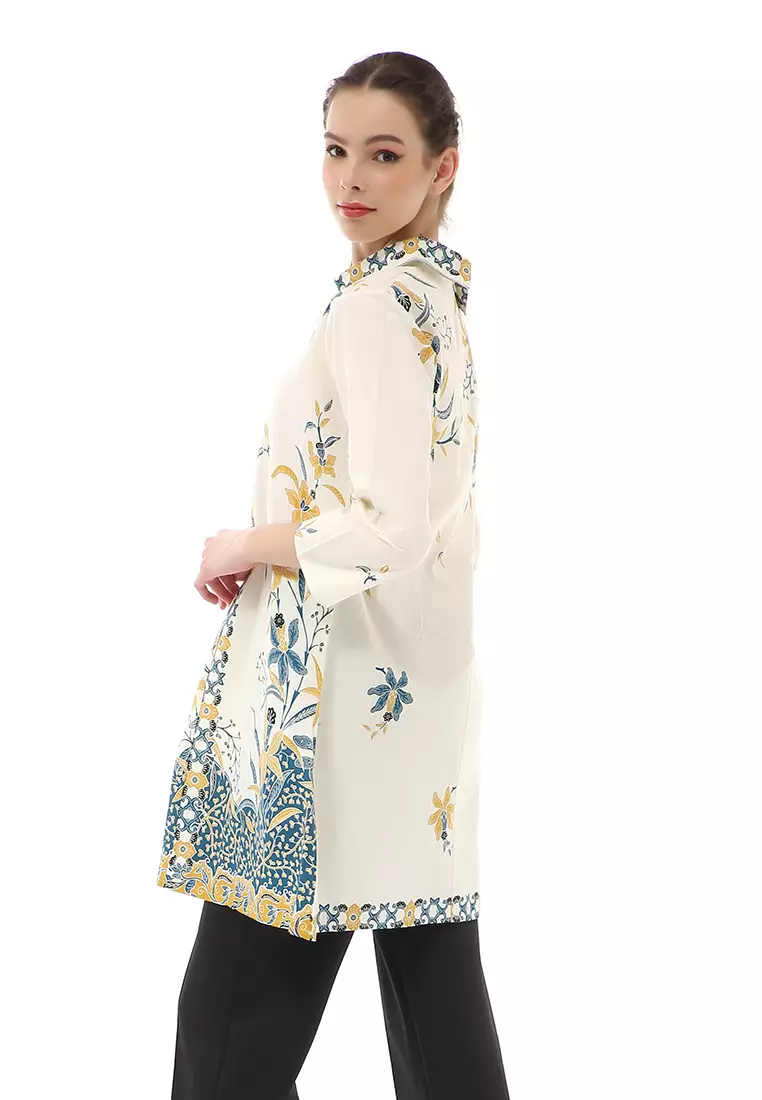 Olaf Atasan Batik Wanita Tunik Traditional Motive Elegant Design Material Cotton ORIGINAL - White Blue Green