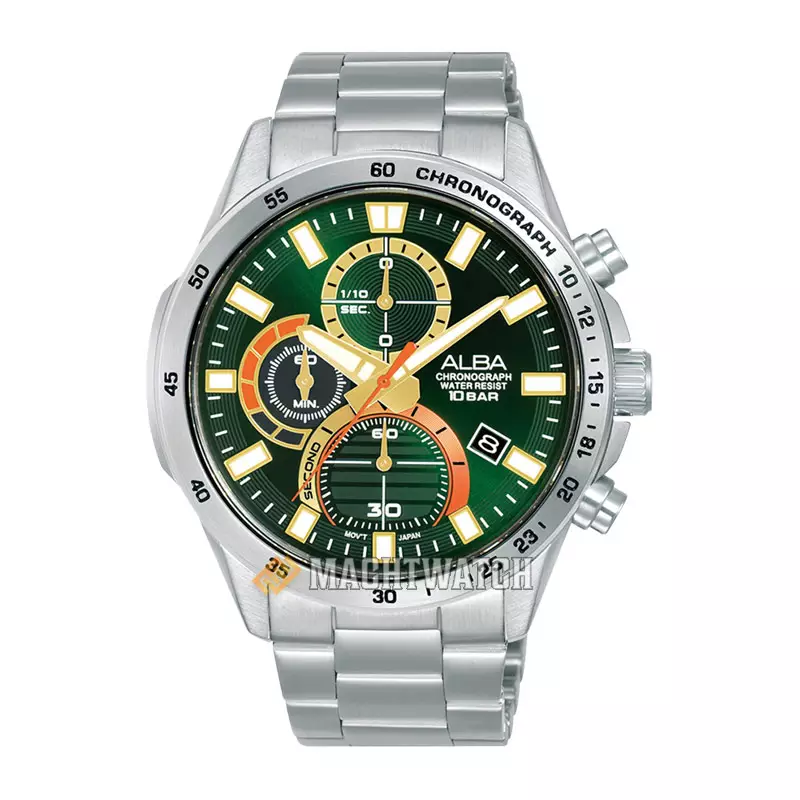 Jam Tangan Pria Alba Active AM3965X1 Chronograph Men Green Dial Stainless Steel Strap