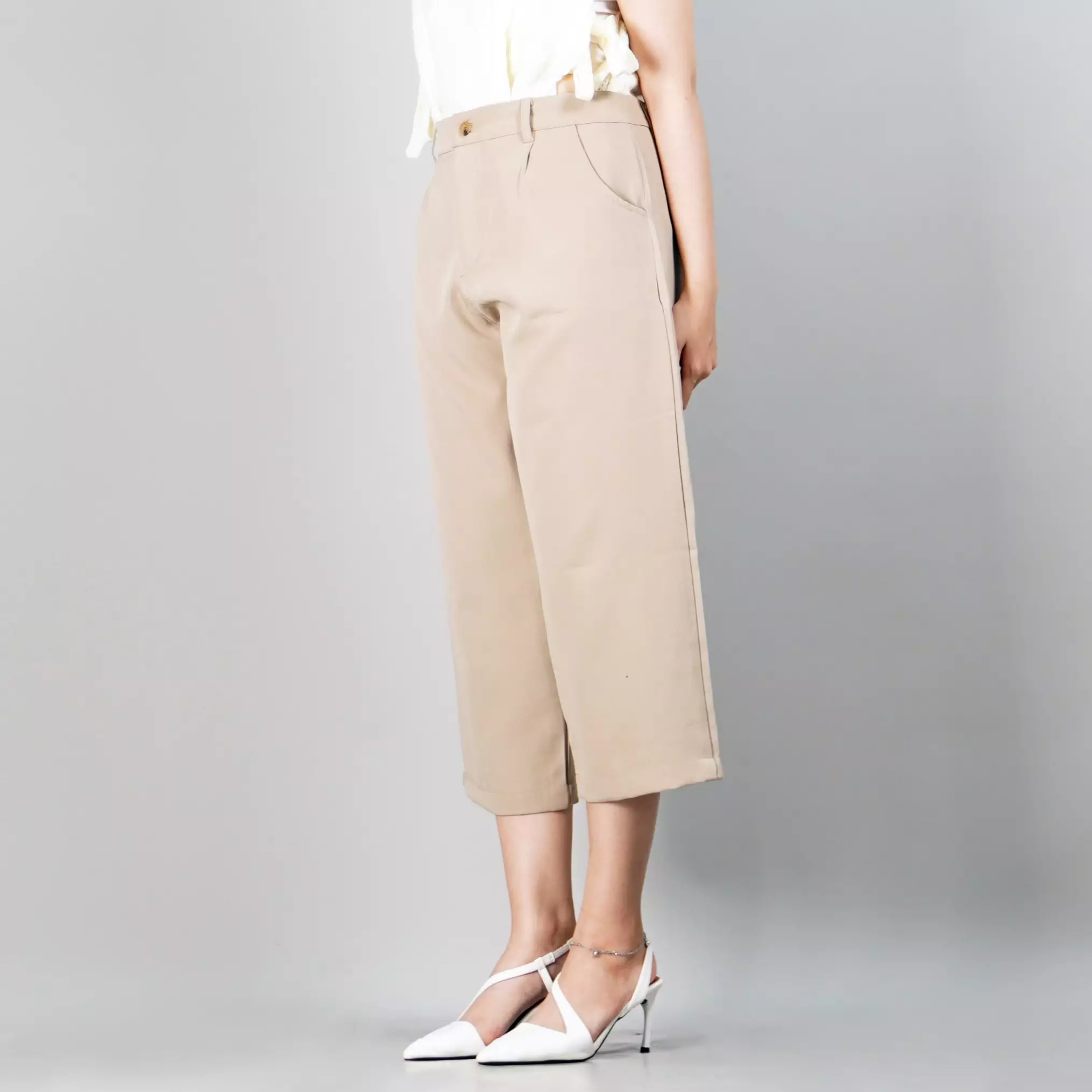 MONICA Celana 3/4 Wanita Celana Cropped Pants Celana Wide Leg - KHAKI