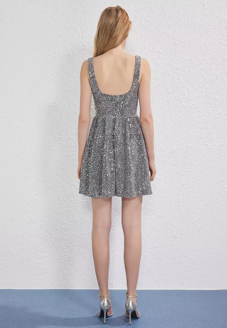 Silver Skirt Waist Opening Sequin Mini Evening Prom Dress TPRSS25EL00286