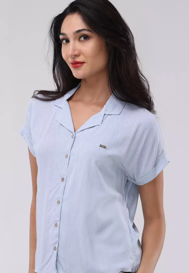 Woven Stripes Short Sleeves Collared Blouse