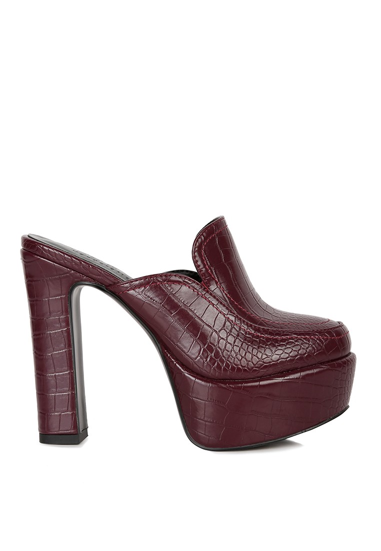 Burgundy Croc Pattern Heeled Platform Mules