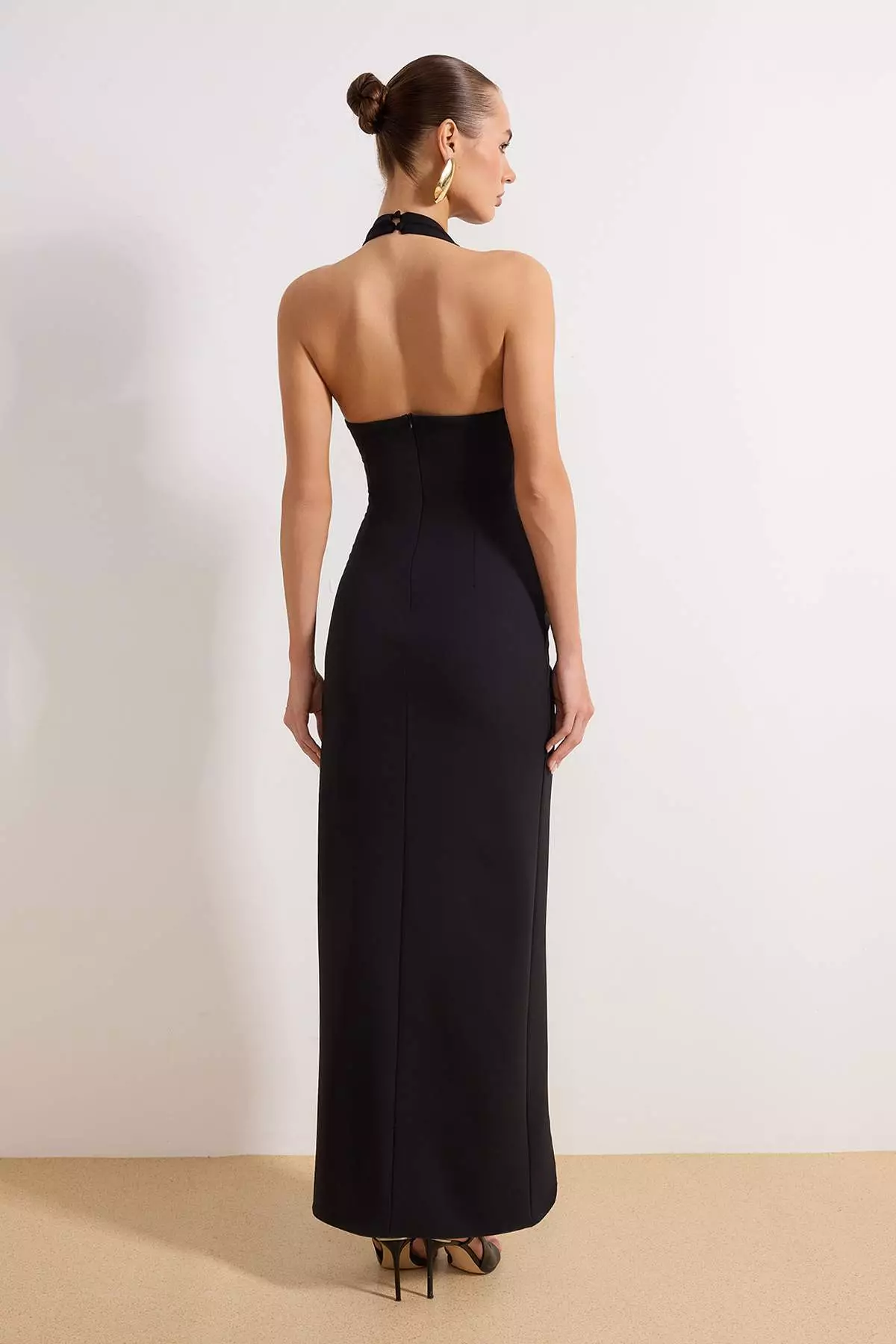 Black Accessory Detailed Slit Woven Maxi Evening Dress & Graduation Dress