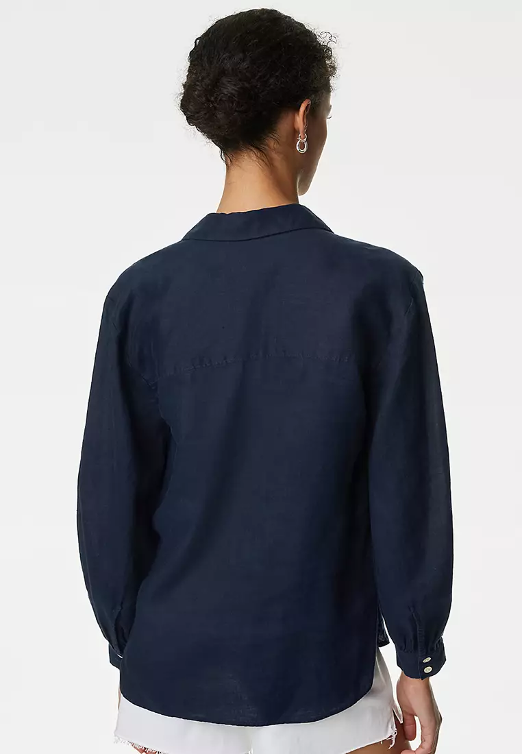 Pure Linen Collared Popover Blouse