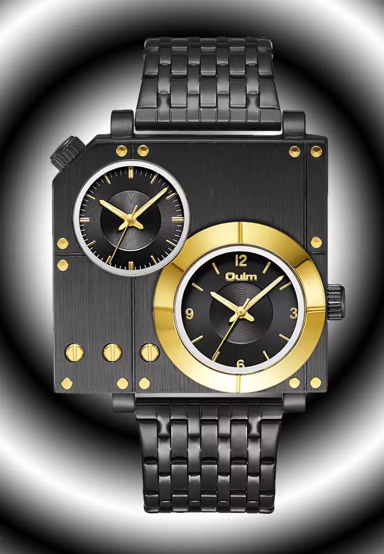 大號男士石英錶 - 45x42 毫米 - IP 黑色不鏽鋼錶殼、黑色錶盤、金屬錶帶