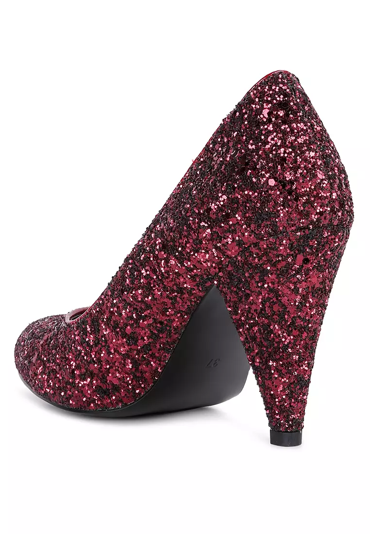 Burgundy Glitter Conical Heel Pumps