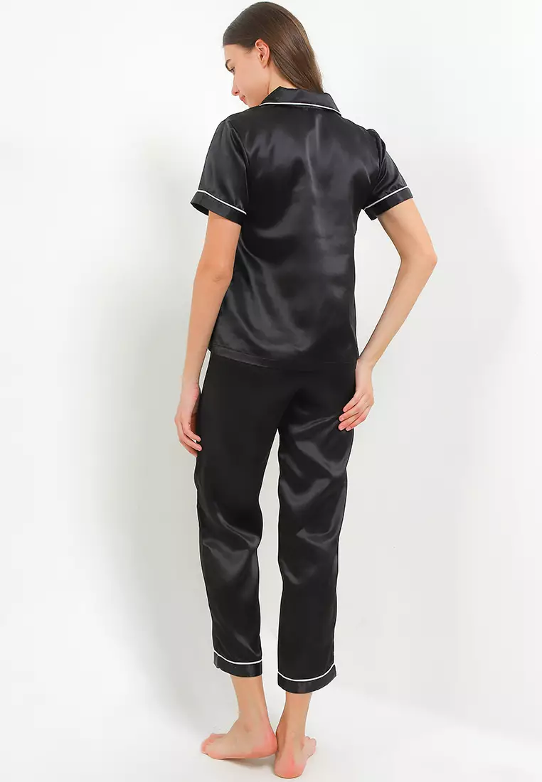 Piyama Pyjama Baju Tidur Satin Silk Couple Mens Short Sleeve Long Pants Sleepwear