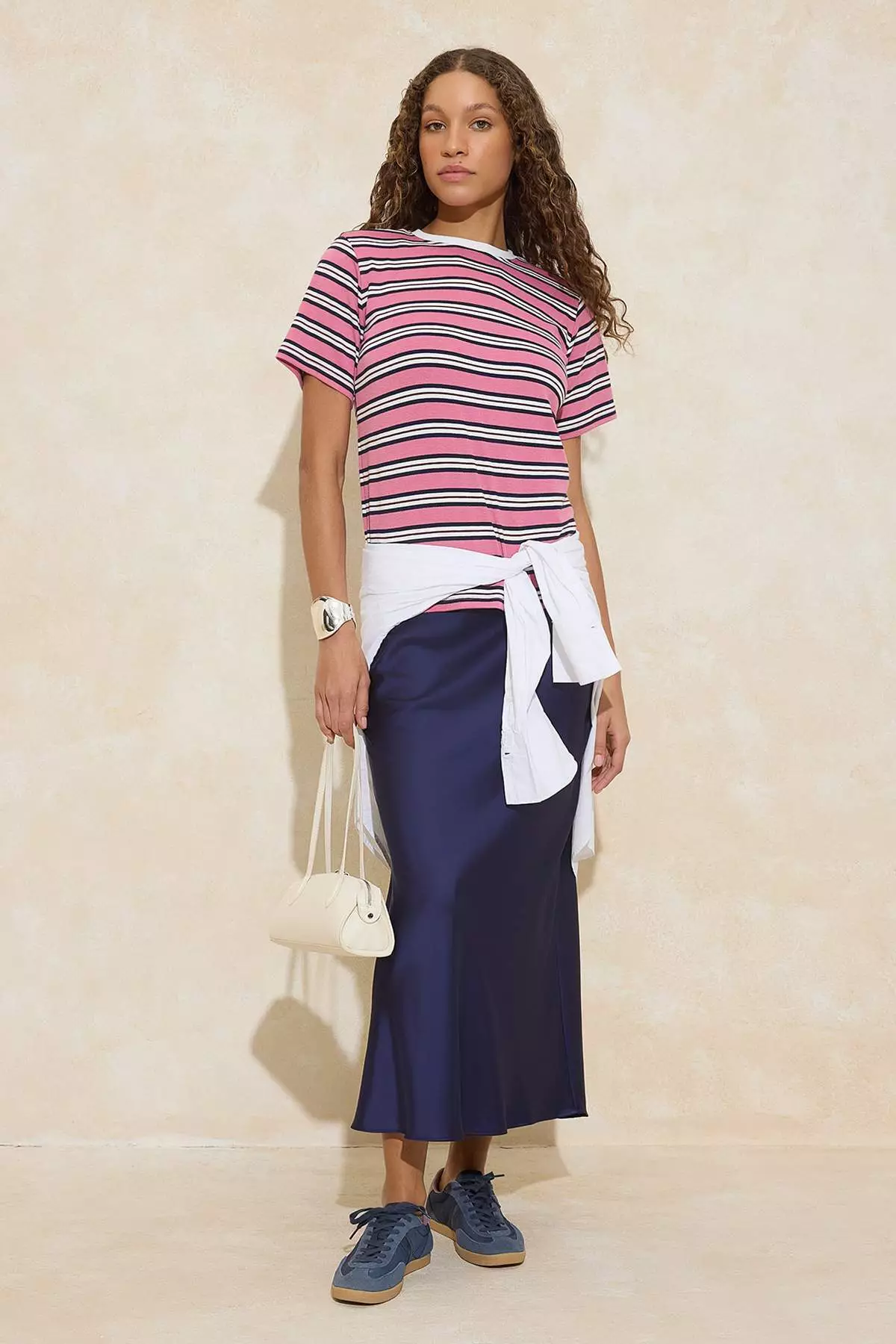 Pink Striped Regular/Normal Fit Short Sleeve Tok 1% Cotton Shoulder Pad Piece Knitted T-Shirt Twoss26Ts31