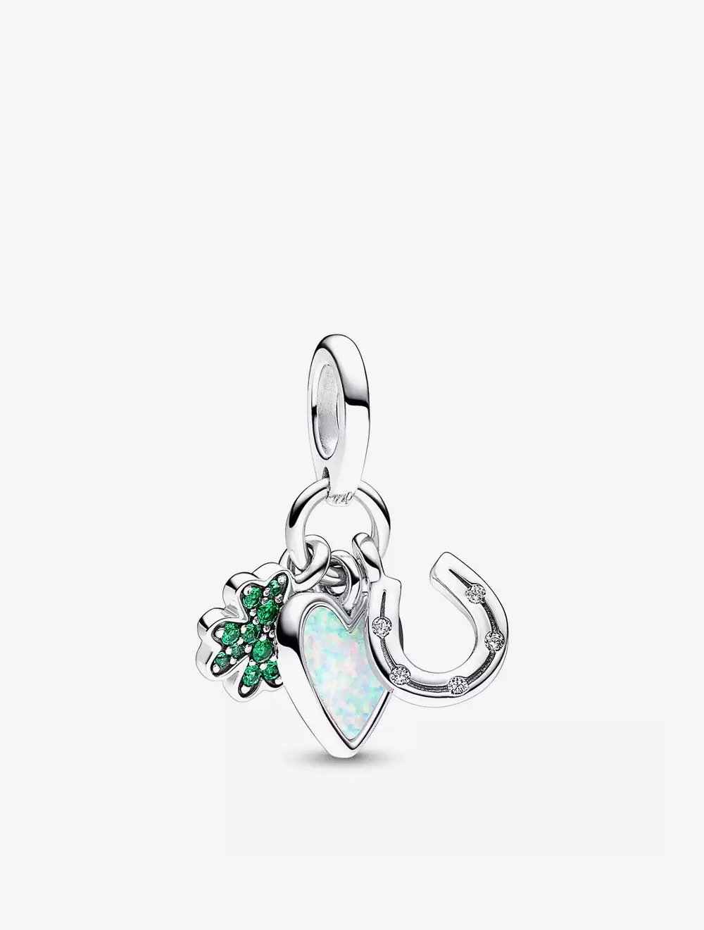 Clover, heart and horseshoe sterling silver dangle with clear cubic zirconia, royal green crystal and white lab-created opal