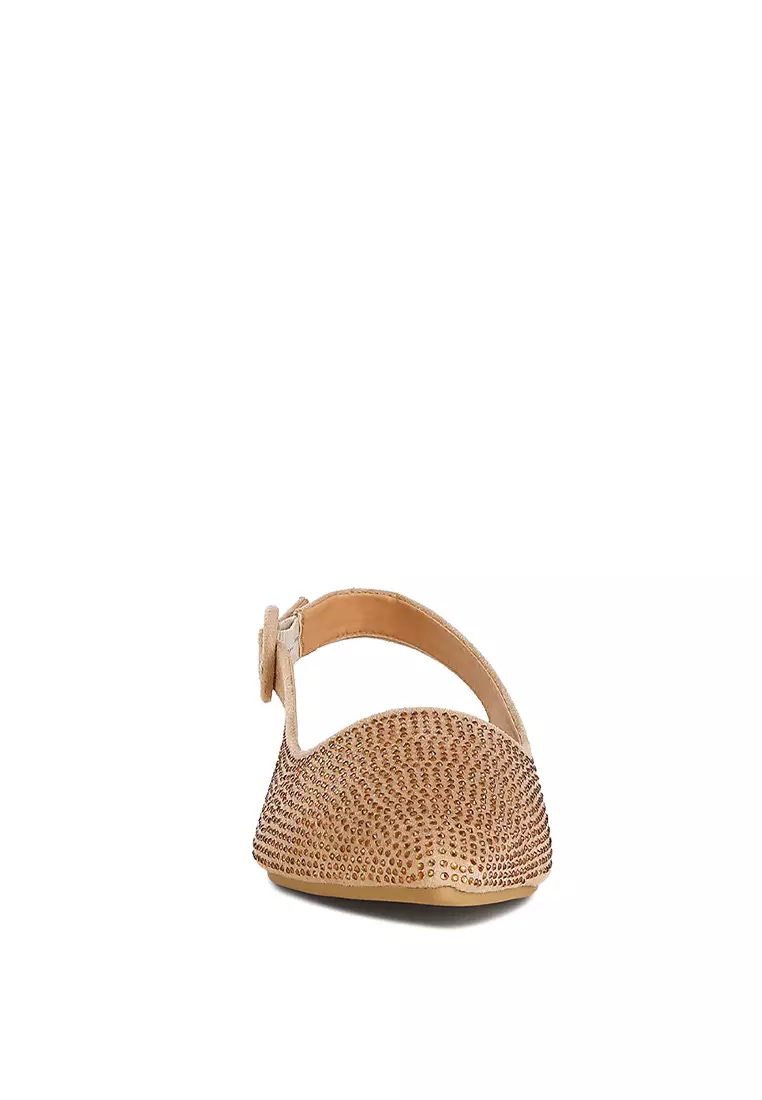 Beige Rhinestones Slingback Mules