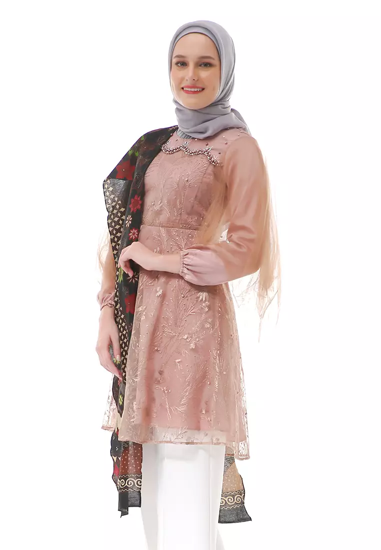 Tunik Long Slevee Motif Batik Atasan Wanita Stlye Premium High Quality - Brown