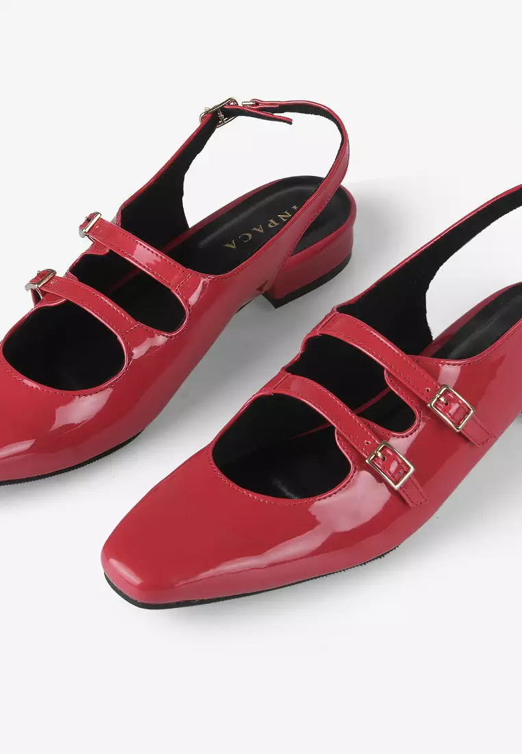 Emily Mary Jane Flat Shoes with Sling Back in Red