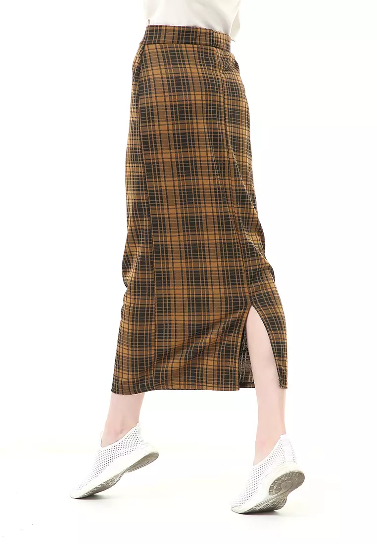 Malina Rok Span Tartan Bawahan Wanita All Size Motif Kotak High Quality - Caramel