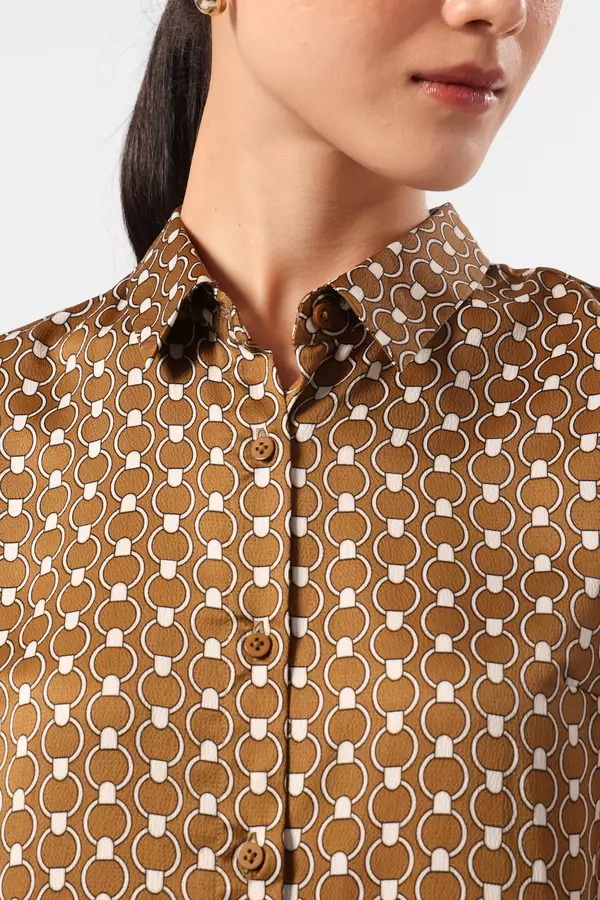 MINIMAL - Celeste - Printed Satin Shirt - Olive Colour Olive