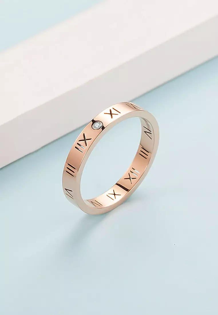 Roman Numerals Ring in Rose Gold Plated Titanium with Genuine 0.01ct Diamond - 7