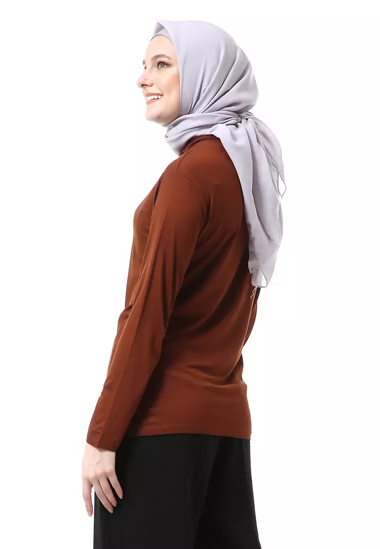 Zlora Manset Atasan Wanita Motif Polos Long Sleeve Reguler Fit - Choco