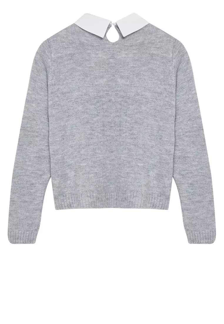 Gray Soft Textured Garnished Ribbon/Bow Detailed Stone Knitted Sweater TWOAW25KZ00035