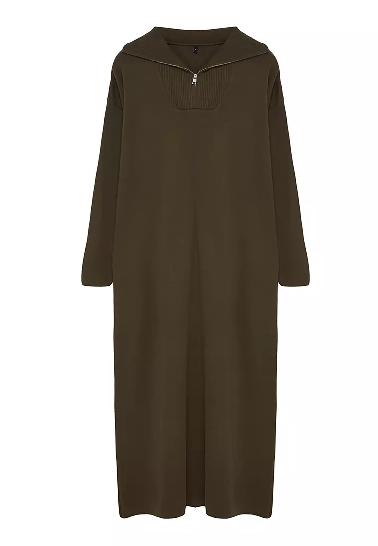 Green Comfortable Fit Zippered Collar Bsic Knitwear Dress TCTAW25EB00013