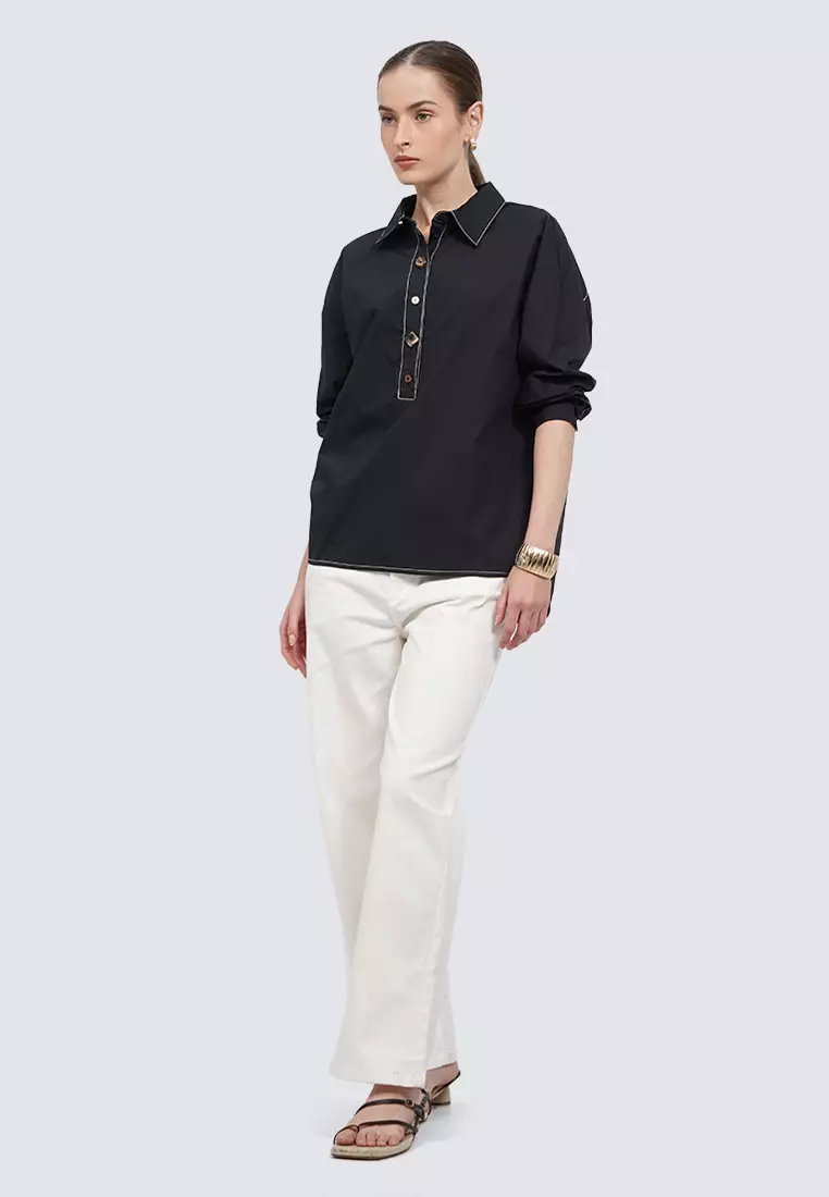 Fancy Button Long Sleeve Blouse BLACK