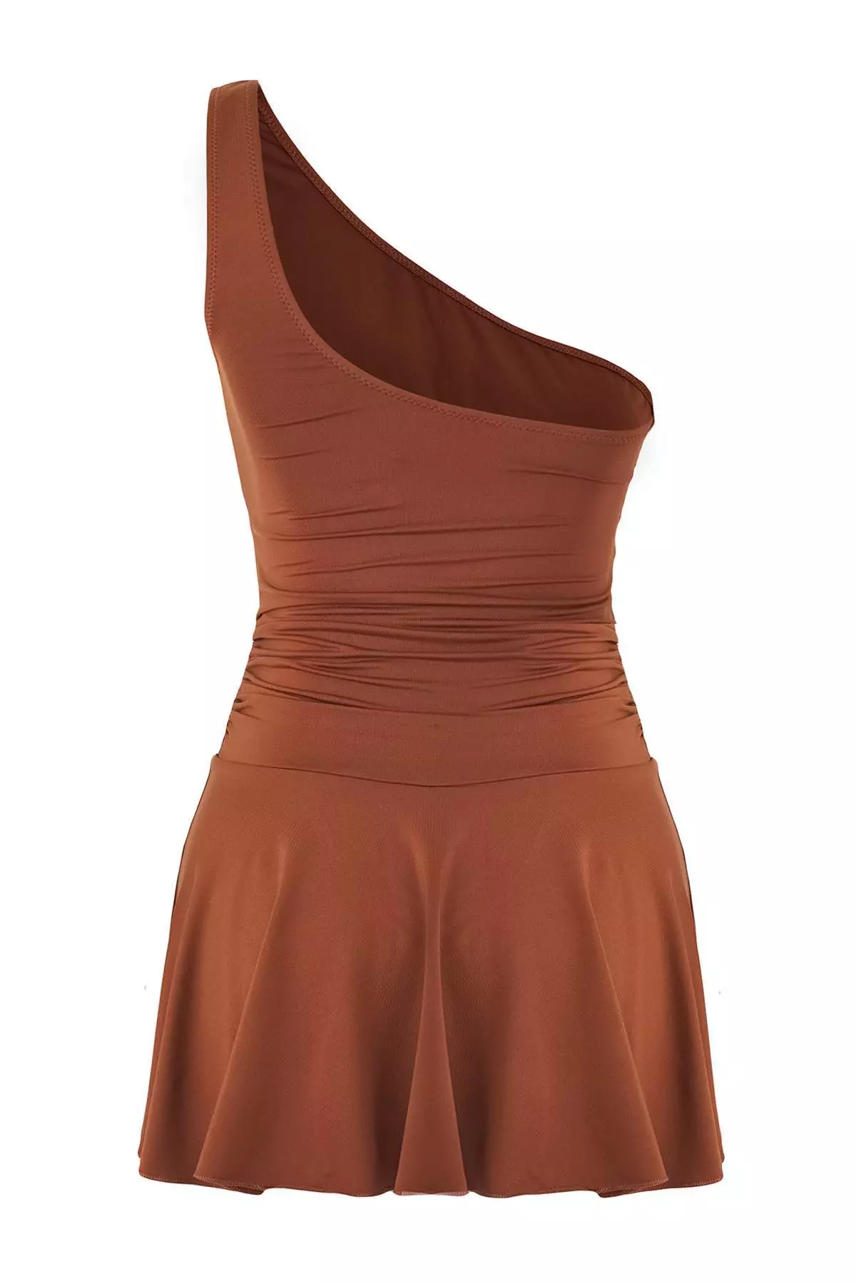 Brown One Shoulder Skirt Shorts Swimsuit