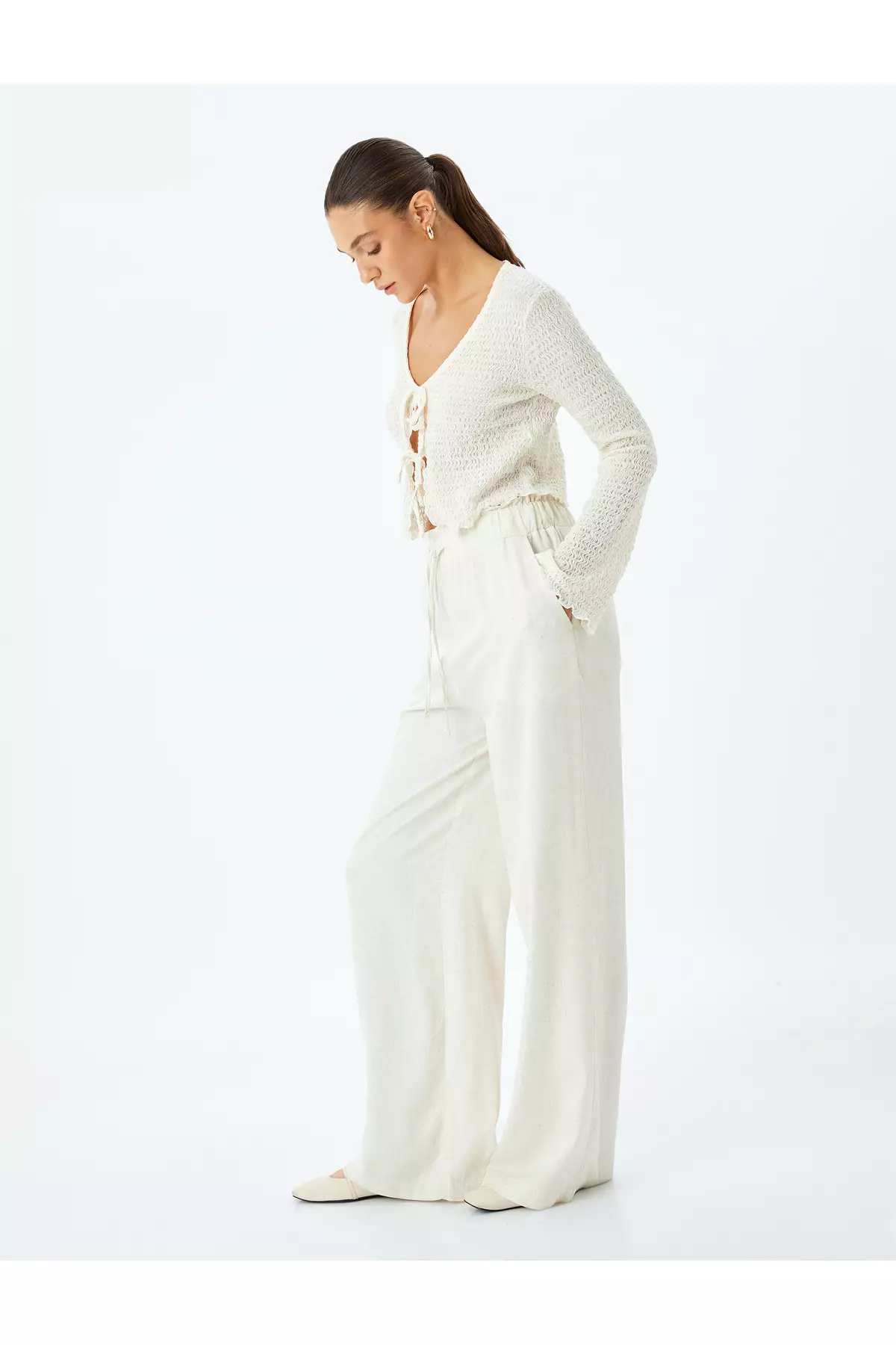 Linen Viscose Beige Women's Pocket Trousers