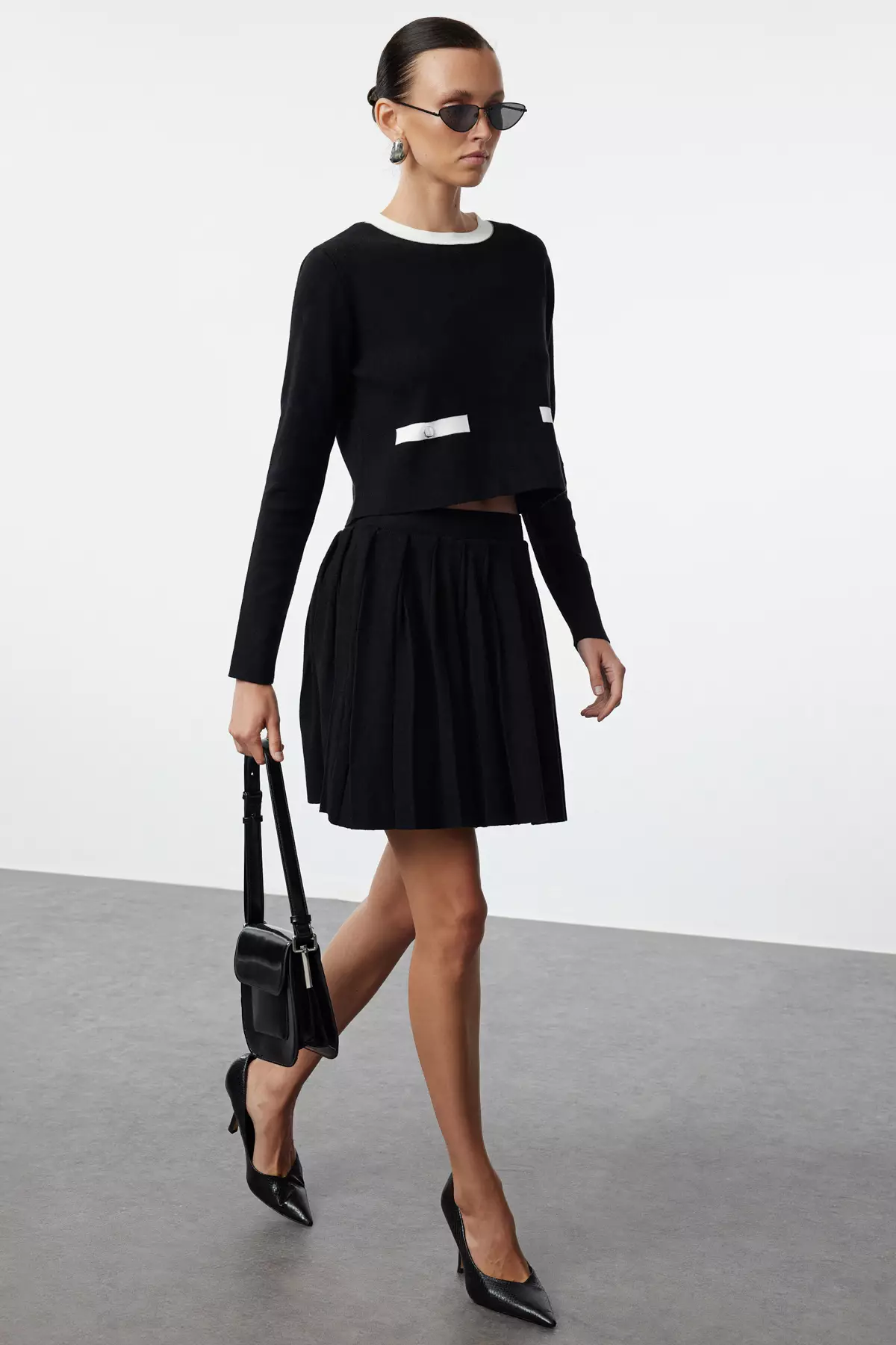 Premium Black Pleated Knitwear Set Skirted Bottom And Top Set