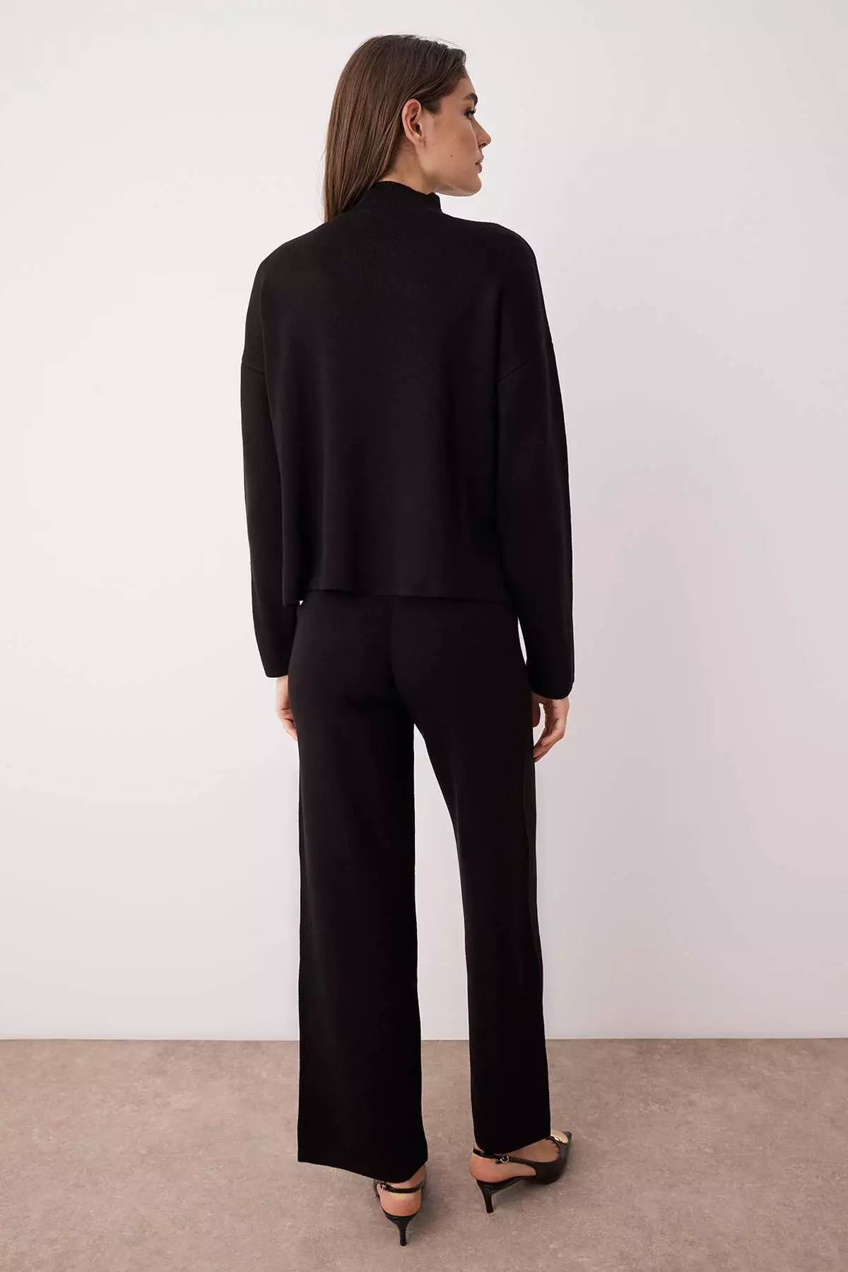 Black Striped Knitted Trousers Bottom-Top Set Twoaw24Au00045