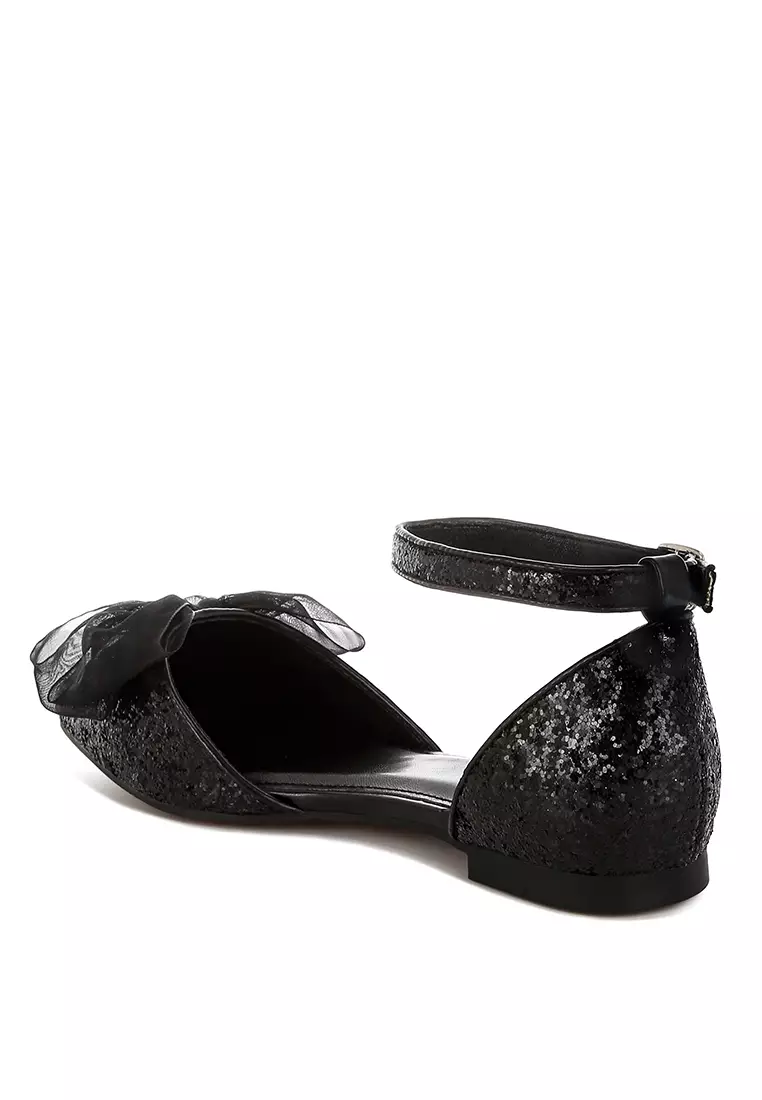 Sandal Datar Glitter Berdetail Pita Tipis Warna Hitam