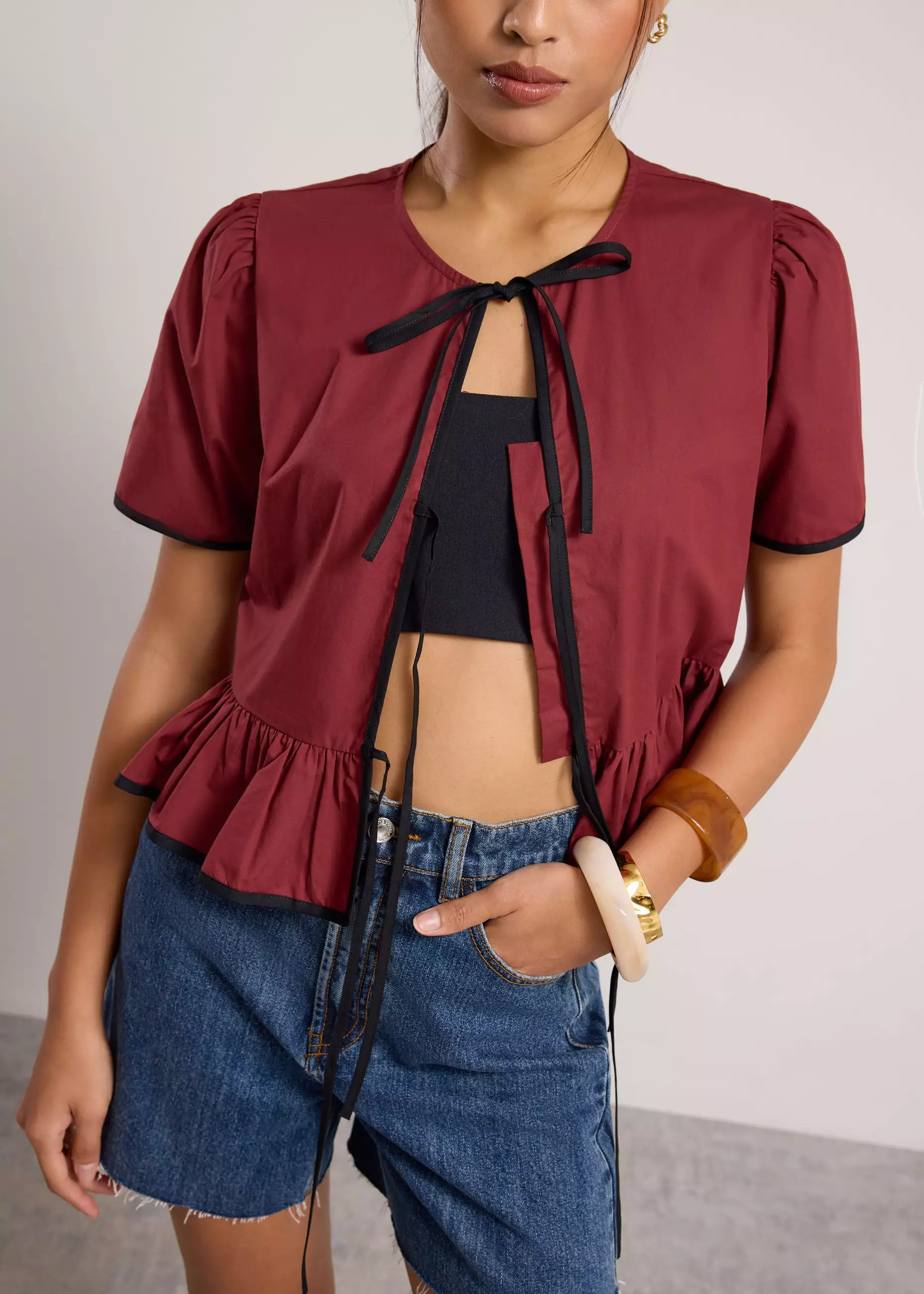 Atasan Wanita - Contrast Piping Round Neck Front Tie Peplum Top