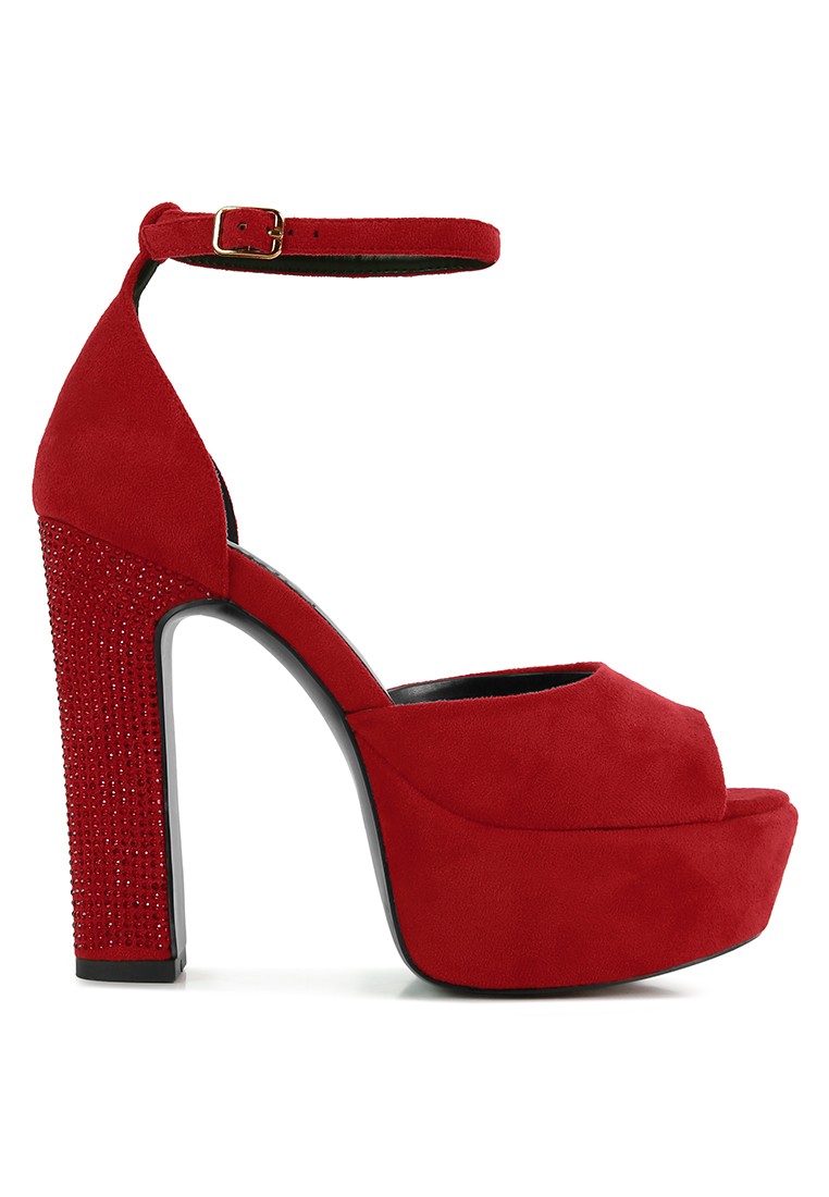 Red High Block Heeled Diamante Stud Sandals